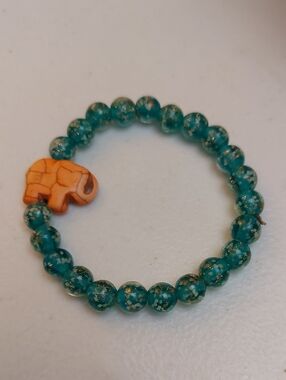 Teal Confetti Glowing Glass Beads Globe Stretch Bracelet With Elephant Focal